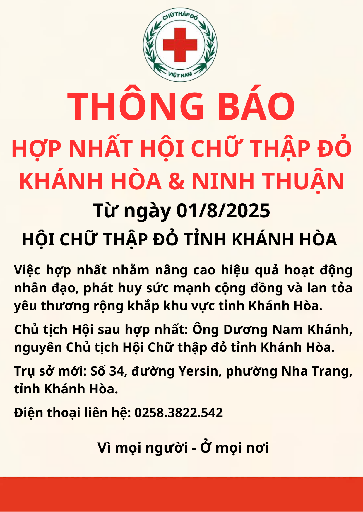 THÔNG BÁO VỀ VIỆC HỢP NHẤT HỘI CHỮ THẬP ĐỎ TỈNH KHÁNH HÒA VÀ HỘI CHỮ THẬP ĐỎ TỈNH NINH THUẬN (Áp dụng từ ngày 01/8/2025)